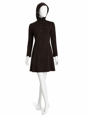 Bonnie Cashin for Sills Madonna Hood Mini Dress Brown Knit Suede Trim 60s Rare